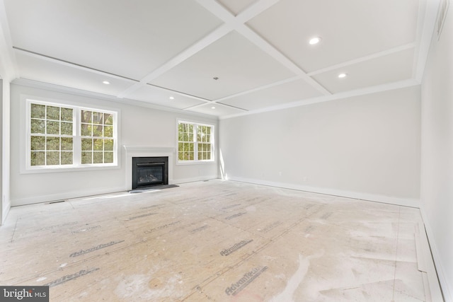 17 Hickory Ln, Malvern, PA 19355 - unfurnished living room with baseboards, coffered ceiling, and a glass covered fireplace