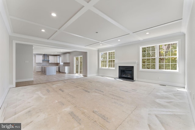 17 Hickory Ln, Malvern, PA 19355 - unfurnished living room featuring recessed lighting, a fireplace with flush hearth, baseboards, and coffered ceiling