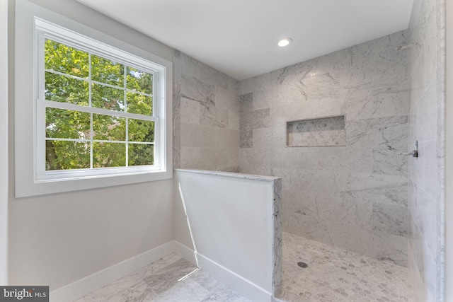 17 Hickory Ln, Malvern, PA 19355 - full bathroom featuring a wealth of natural light, marble finish floor, baseboards, and a marble finish shower