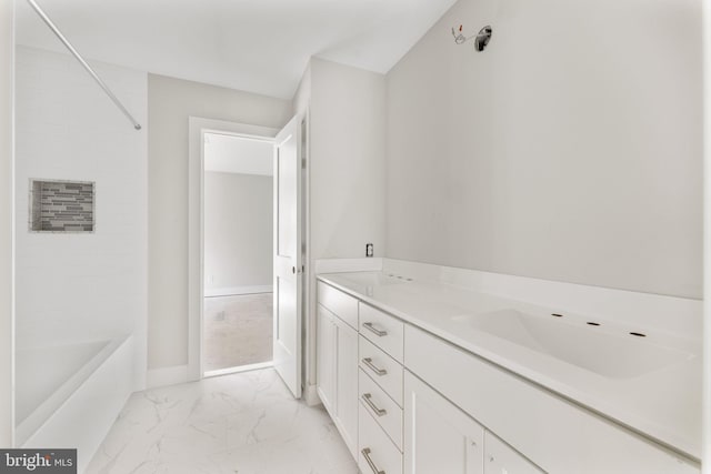 17 Hickory Ln, Malvern, PA 19355 - full bathroom with bathing tub / shower combination, marble finish floor, a sink, double vanity, and baseboards