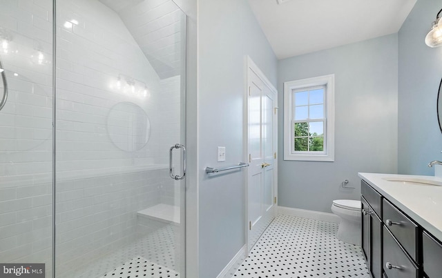 17 Hickory Ln, Malvern, PA 19355 - bathroom featuring toilet, a stall shower, baseboards, lofted ceiling, and vanity