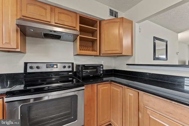 10633 Campus Way S, Upper Marlboro, MD 20774 - kitchen featuring stainless steel range with electric cooktop, dark countertops, under cabinet range hood, and a textured ceiling