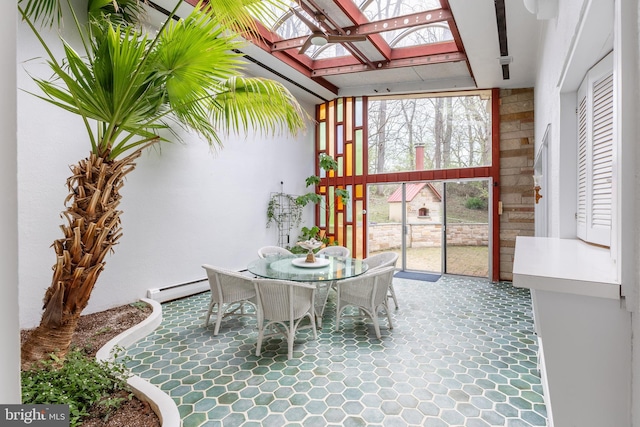 sunroom / solarium featuring a skylight and baseboard heating