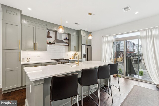 kitchen with a sink, wall chimney exhaust hood, appliances with stainless steel finishes, gray cabinetry, and visible vents