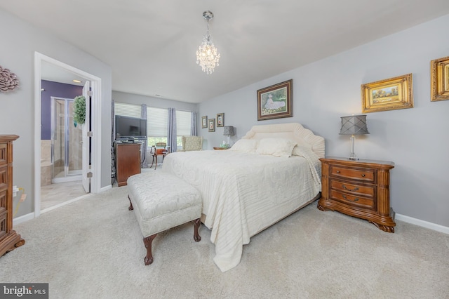 420 Concetta Dr, Mount Royal, NJ 08061 - carpeted bedroom with a chandelier, baseboards, and ensuite bathroom