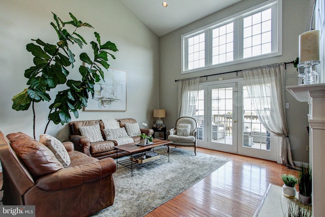 33 Brownstone Dr, East Norriton, PA 19401 - living room featuring hardwood / wood-style floors, high vaulted ceiling, and french doors