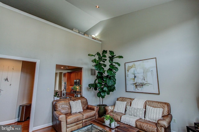 33 Brownstone Dr, East Norriton, PA 19401 - living area featuring high vaulted ceiling, baseboards, wood finished floors, and visible vents