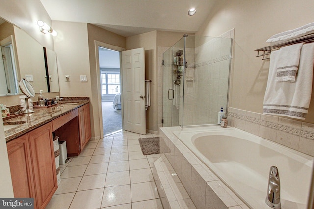 33 Brownstone Dr, East Norriton, PA 19401 - bathroom featuring recessed lighting, a shower stall, tile patterned floors, double vanity, and a bath