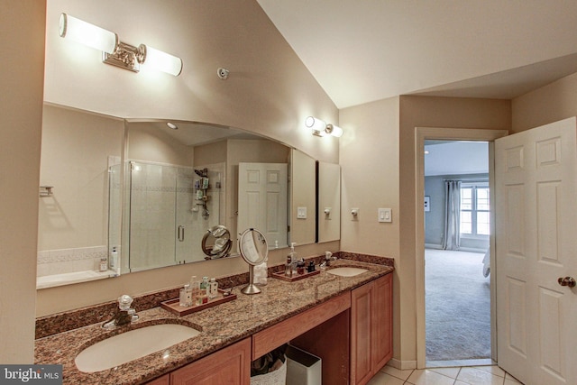 33 Brownstone Dr, East Norriton, PA 19401 - bathroom featuring tile patterned flooring, a sink, double vanity, and a stall shower