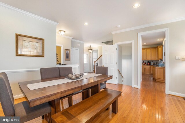 33 Brownstone Dr, East Norriton, PA 19401 - dining room with crown molding, stairs, light wood-style floors, baseboards, and recessed lighting