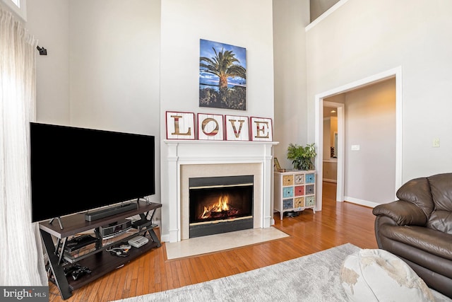 33 Brownstone Dr, East Norriton, PA 19401 - living area with a fireplace with flush hearth, wood finished floors, a towering ceiling, and baseboards