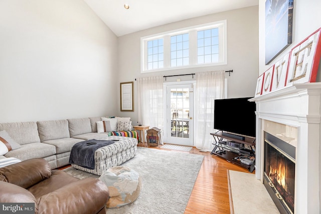 33 Brownstone Dr, East Norriton, PA 19401 - living room with a high end fireplace, wood finished floors, a wealth of natural light, and high vaulted ceiling