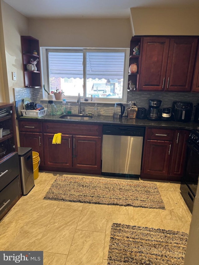 3525 Nottingham Ln, Philadelphia, PA 19114 - kitchen featuring stainless steel dishwasher, tasteful backsplash, a sink, and open shelves