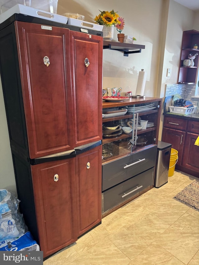 3525 Nottingham Ln, Philadelphia, PA 19114 - interior space with open shelves, light tile patterned floors, reddish brown cabinets, and dark countertops