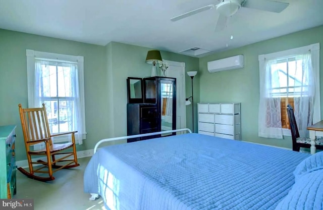 6261 Post Office St, Chincoteague Island, VA 23336 - bedroom with baseboards, a ceiling fan, carpet, and a wall mounted air conditioner