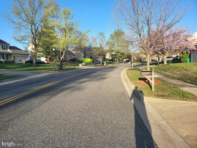 view of road with sidewalks, curbs, and street lighting