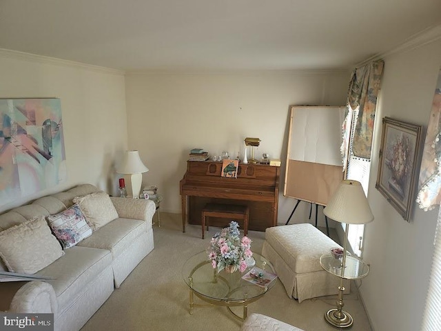 living room featuring carpet and crown molding