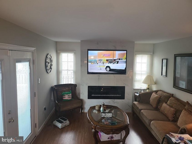 living area featuring a healthy amount of sunlight, a fireplace, baseboards, and wood finished floors