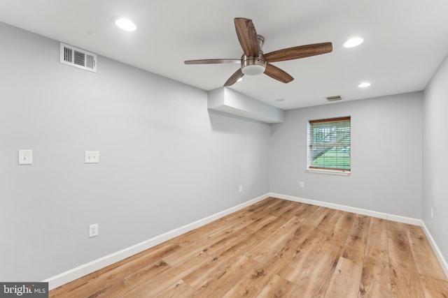 spare room with baseboards, visible vents, recessed lighting, and ceiling fan