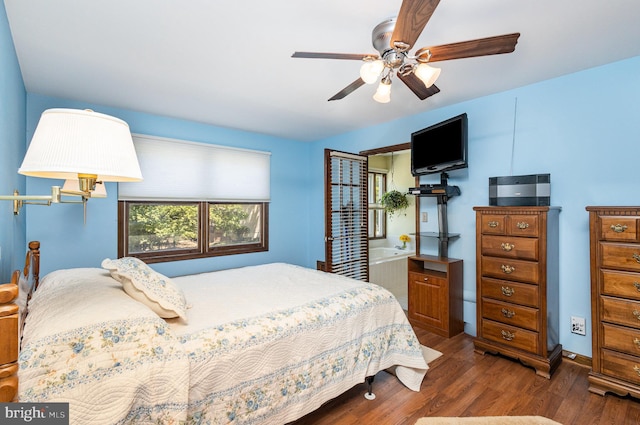 bedroom featuring a ceiling fan and wood finished floors