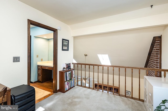 corridor with carpet flooring and a skylight