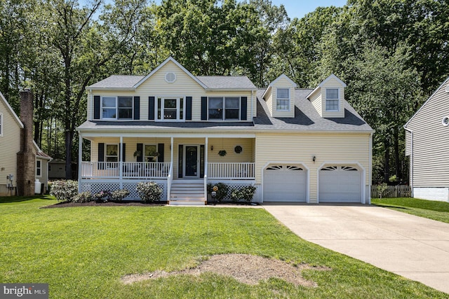 colonial inspired home featuring a garage, a front lawn, covered porch, roof with shingles, and driveway