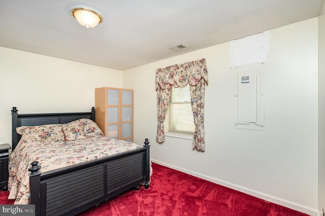 bedroom with baseboards, electric panel, dark carpet, and visible vents