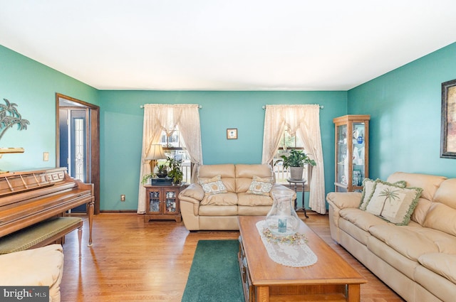 living room with baseboards and wood finished floors