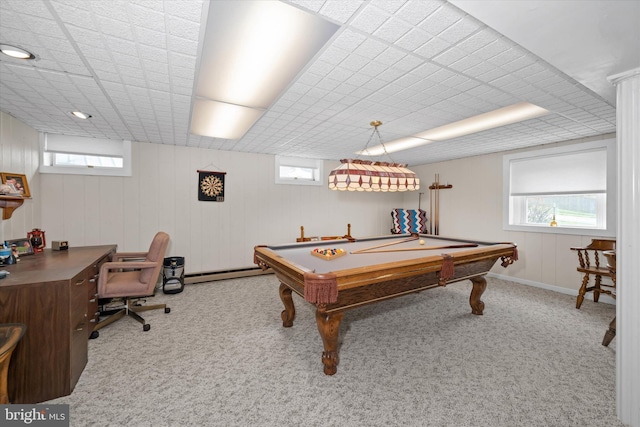 rec room with a baseboard heating unit, a healthy amount of sunlight, pool table, and carpet