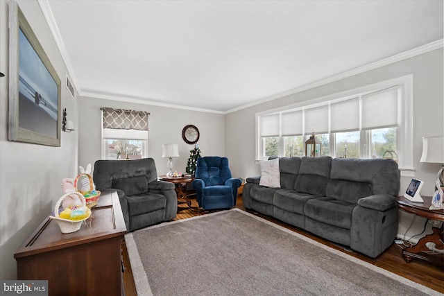 living area with wood finished floors and crown molding