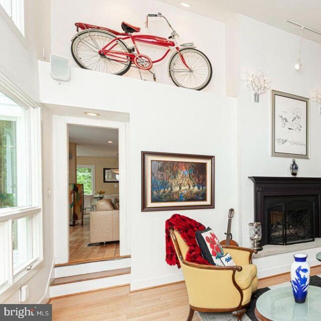 2010 Welsh Vly, Malvern, PA 19355 - living area featuring wood finished floors, a fireplace with raised hearth, and a high ceiling