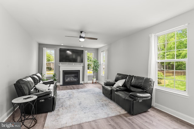 living room featuring baseboards, a fireplace with flush hearth, ceiling fan, and wood finished floors