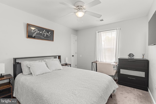bedroom with carpet flooring, ceiling fan, and baseboards