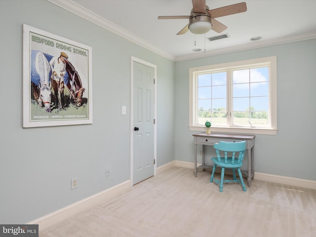 carpeted office with baseboards, ornamental molding, ceiling fan, and visible vents