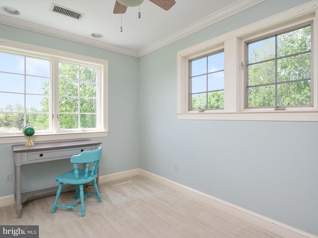 home office featuring carpet flooring, ceiling fan, baseboards, visible vents, and ornamental molding