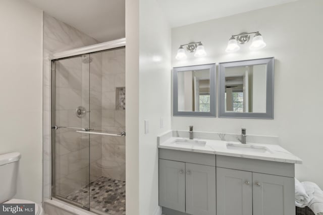 12527 Misty Water Dr, Herndon, VA 20170 - bathroom featuring toilet, double vanity, a sink, and a shower stall