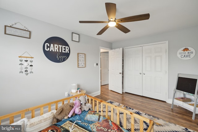 12527 Misty Water Dr, Herndon, VA 20170 - bedroom featuring a closet, a ceiling fan, wood finished floors, and baseboards