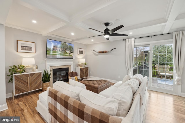 12527 Misty Water Dr, Herndon, VA 20170 - living room with beam ceiling, a glass covered fireplace, coffered ceiling, and baseboards
