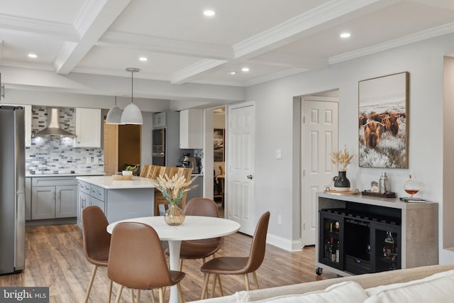 12527 Misty Water Dr, Herndon, VA 20170 - dining room featuring wood finished floors, coffered ceiling, and beamed ceiling
