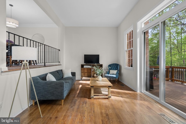 living room featuring wood finished floors, visible vents, and a healthy amount of sunlight