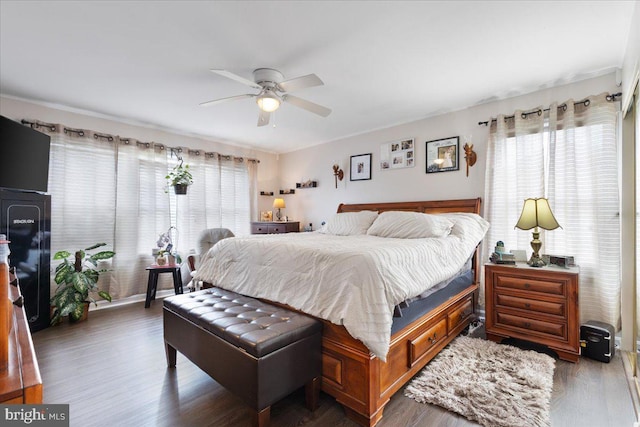 bedroom featuring wood finished floors, ceiling fan, and multiple windows
