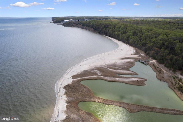 drone / aerial view featuring a forest view and a water view
