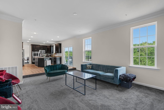 carpeted living room featuring crown molding, baseboards, visible vents, and recessed lighting
