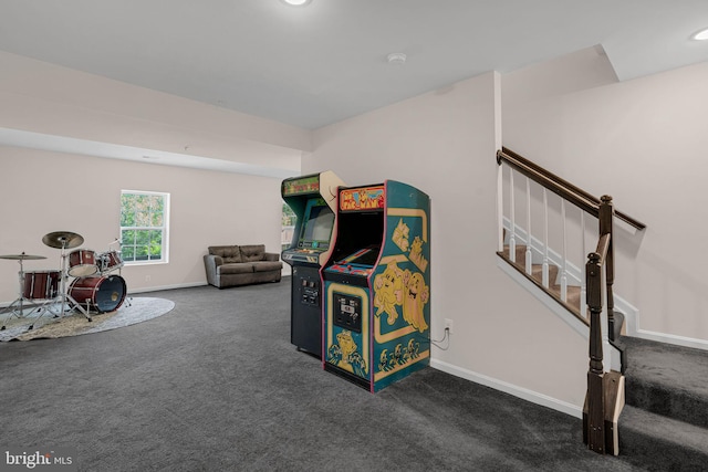 game room featuring recessed lighting, baseboards, and carpet floors