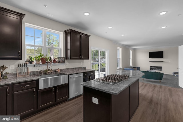 kitchen featuring recessed lighting, stainless steel appliances, dark wood-style flooring, and a sink