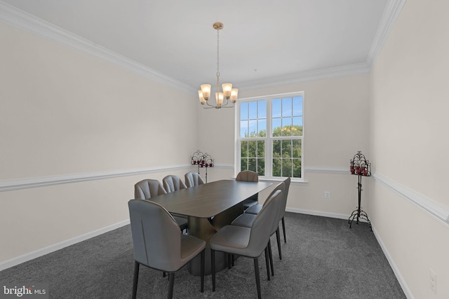 dining area with crown molding, dark carpet, and an inviting chandelier