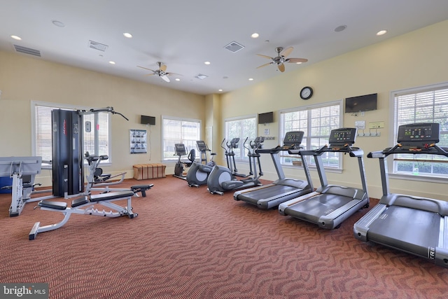 exercise room featuring visible vents, ceiling fan, carpet floors, and recessed lighting