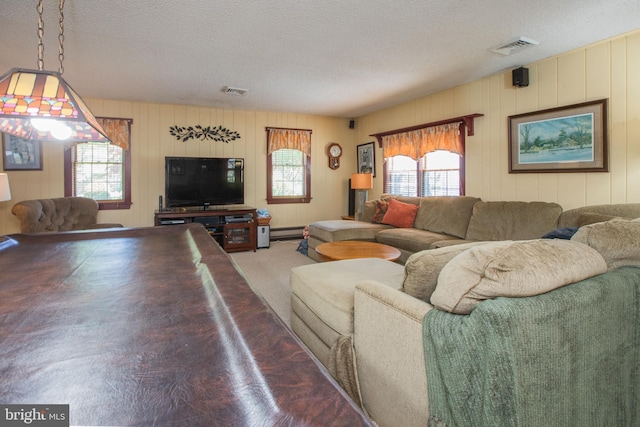 carpeted living room featuring a baseboard heating unit, a textured ceiling, visible vents, and plenty of natural light