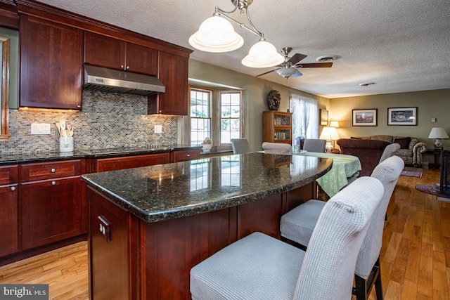 kitchen featuring open floor plan, ceiling fan, reddish brown cabinets, a textured ceiling, and under cabinet range hood