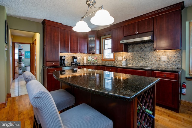 kitchen featuring decorative backsplash, cooktop, light wood finished floors, reddish brown cabinets, and under cabinet range hood